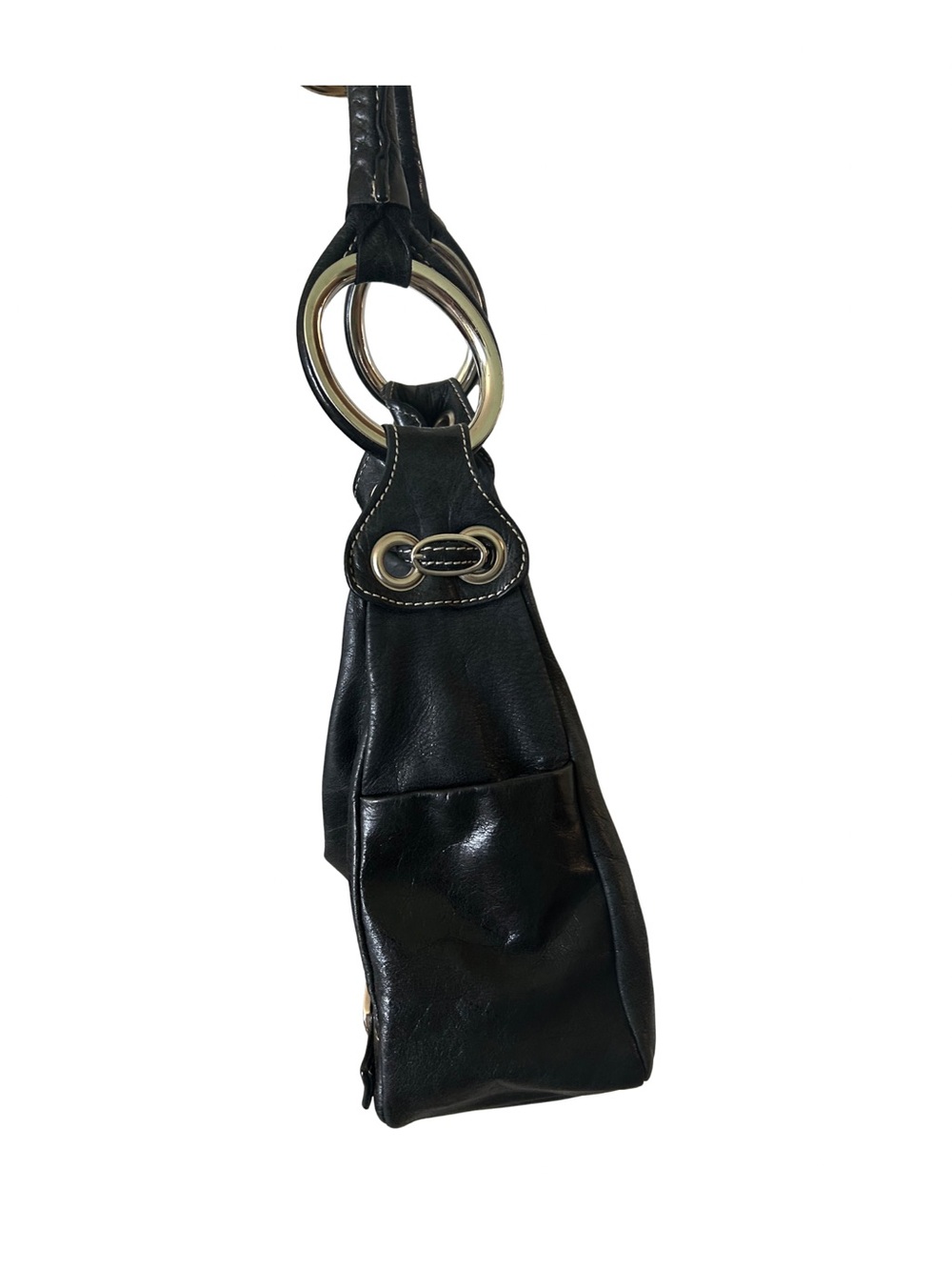 Helen Welsh Black Leather Moto Hobo Bag Y2K Ring Handle Slouchy Silver - Picture 5 of 8
